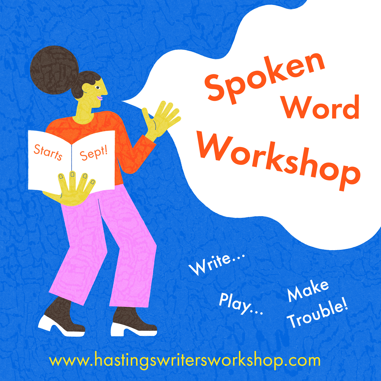 Woman on illustration with 'Spoken Word Workshop' speech bubble