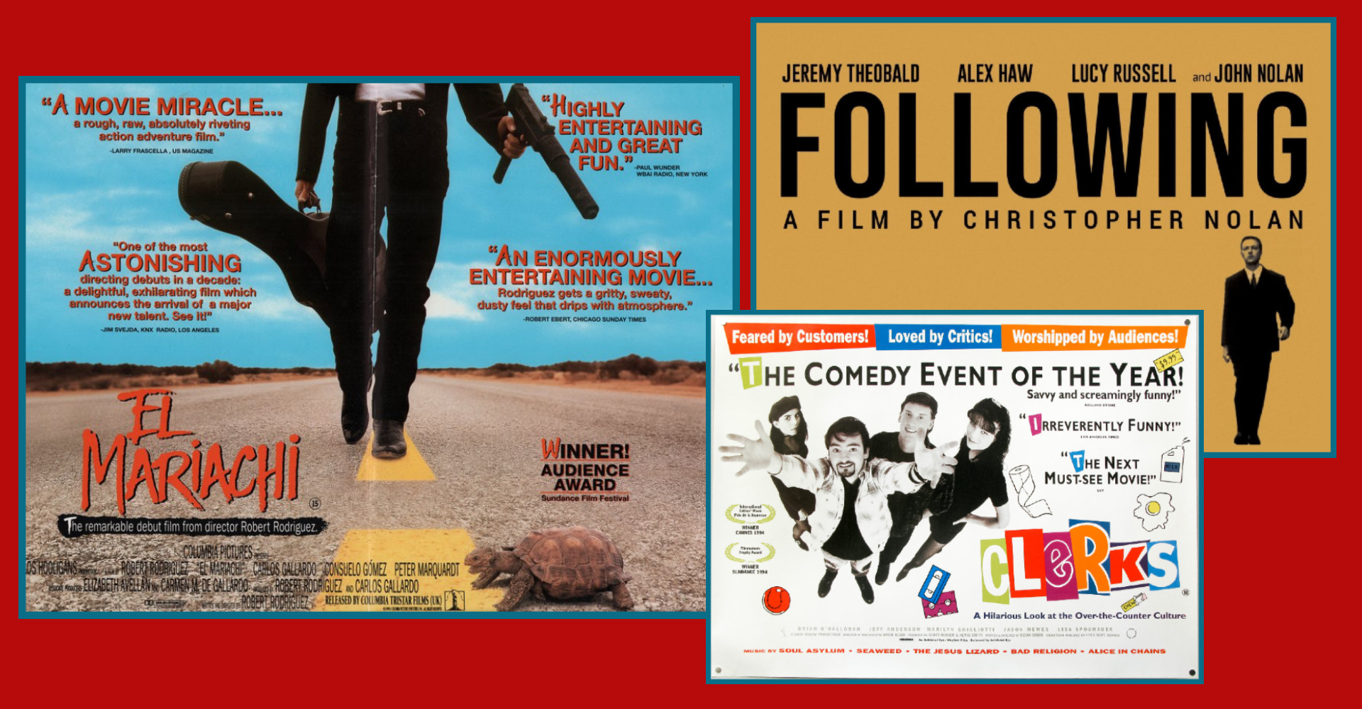 Posters for El Mariachi, Clerks and Following films